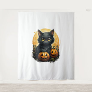 Tenture Chat noir Halloween Citrouille - Chat