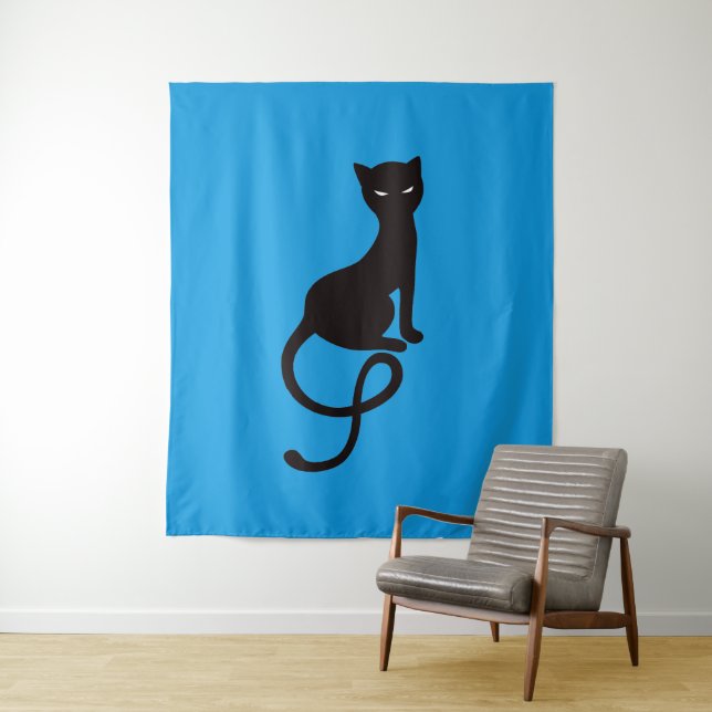 Tenture Chat noir mauvais aimable bleu (En situation)
