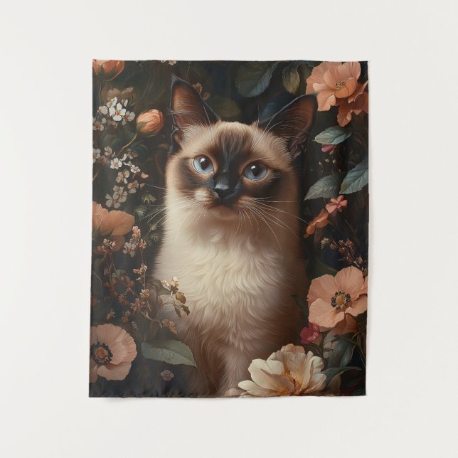 Tenture Chat Siamois Entouré De Fleurs Roses Bruyantes (Devant)