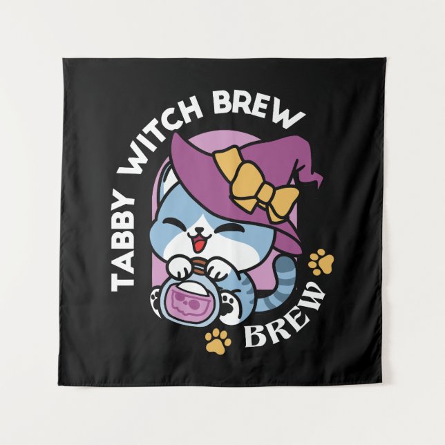 Tenture Chat Tabby Halloween – Chapeau de Sorcière & Art d (Devant)