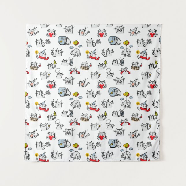 Tenture Chats amusants, lait et magie. (Devant)