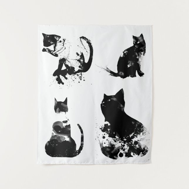 Tenture Chats Aquarelle, Chat Noir, Minimal, Noir & Blanc (Devant)