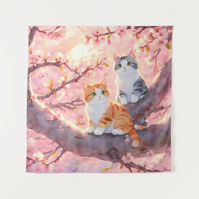 Tenture Chats Mignons Sur Un Arbre En Fleur De Cerise (Devant)