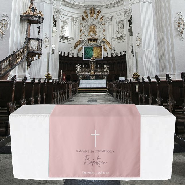 Tenture Chemin de table rose pour baptême fille (Pink Girl Cross Christening Baptism Table Runner Tapestry)