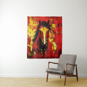 Tenture Cheval Majestueux – Esprit Fougueux en Or et Rouge
