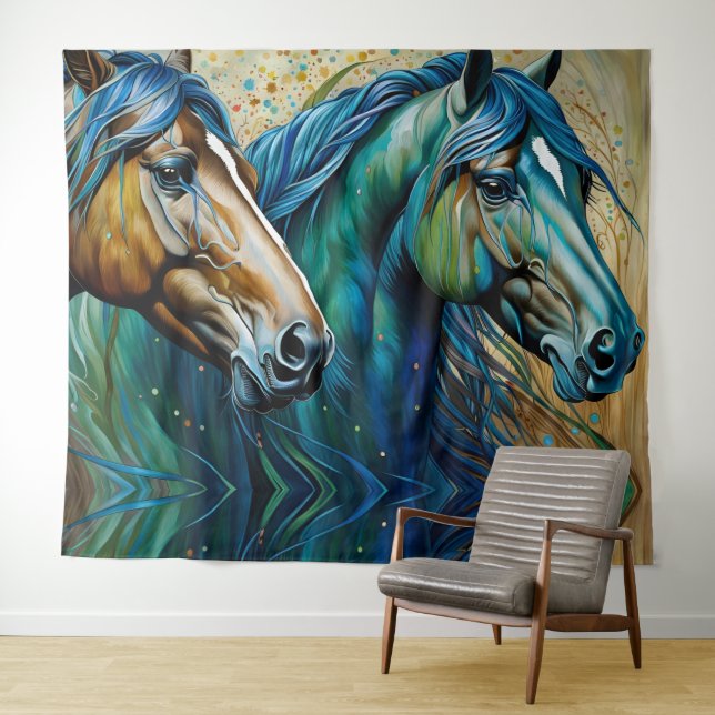 Tenture Chevaux Turquoise bleu vert brun (En situation (horizontale))