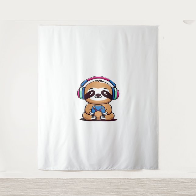Tenture Chibi Kawaii Sloth Gamer - animal drôle mignonne a (Devant)