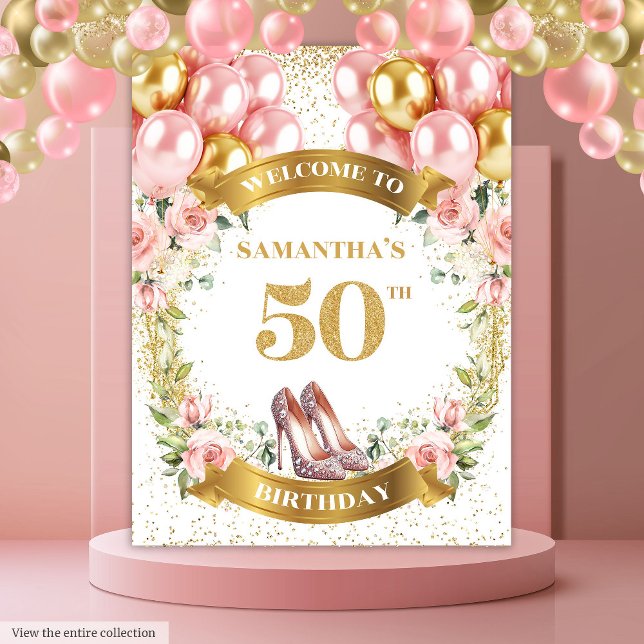 Tenture Chic 50e anniversaire talons roses Blush Floral Ba (Chic 50th Birthday Pink Heels Blush Floral Banner Tapestry)