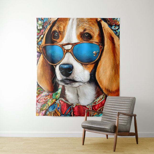 Tenture Chien beagle avec lunettes de soleil (En situation)