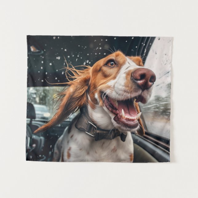 Tenture Chien excité sur Rainy Car Ride Art (Devant (Horizontal))