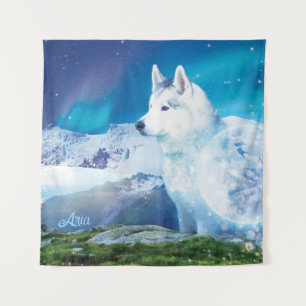 Tenture Chien Husky avec montagnes et aurores boréales