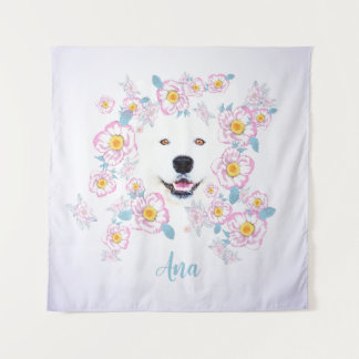 Tenture Chien Samoyed et fleurs roses, nom customisé