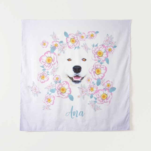 Tenture Chien Samoyed et fleurs roses, nom customisé (Devant)