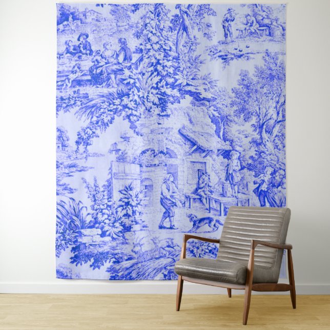 Tenture Chinoiserie Toile Blanc Bleu Français Style Rustiq (En situation)
