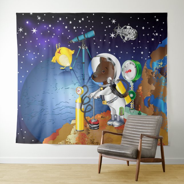 Tenture Chiot dans l'espace un alien avec un télescope (En situation (horizontale))