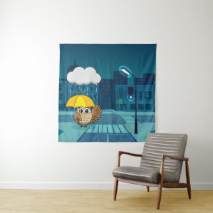 Tenture Chouette mignonne avec parapluie le jour de la plu