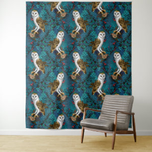 Tenture Chouettes, fougères, chênes et baies 3