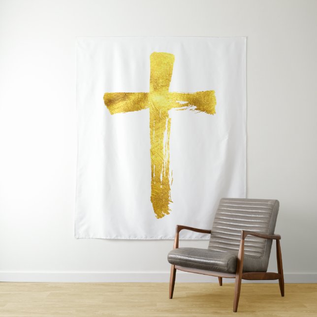 Tenture Christian Gold Brush Cross - Modern Crucifix (En situation)
