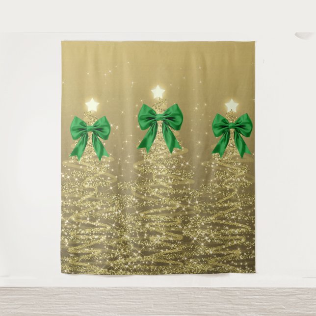 Tenture Christmas Sparkling Trees Gold Faux Green Bow  (Devant)