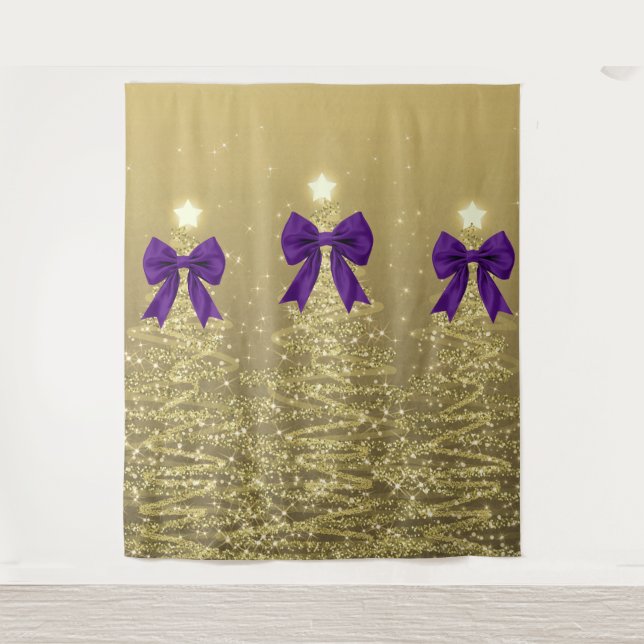 Tenture Christmas Sparkling Trees Gold Faux Purple Bow  (Devant)