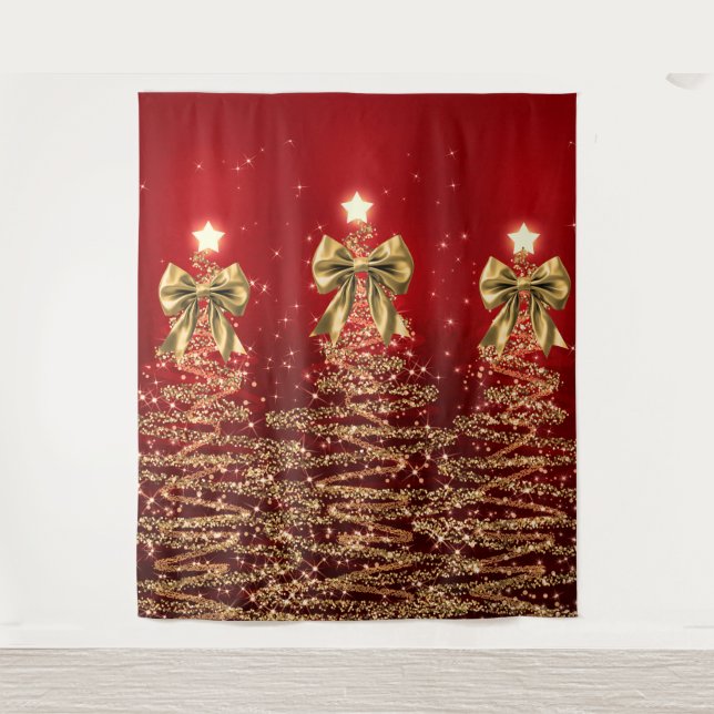 Tenture Christmas Sparkling Trees Red Gold Faux Bow  (Devant)