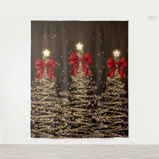 Tenture Christmas Sparkling Trees Red Gold Faux Bow  (Devant)