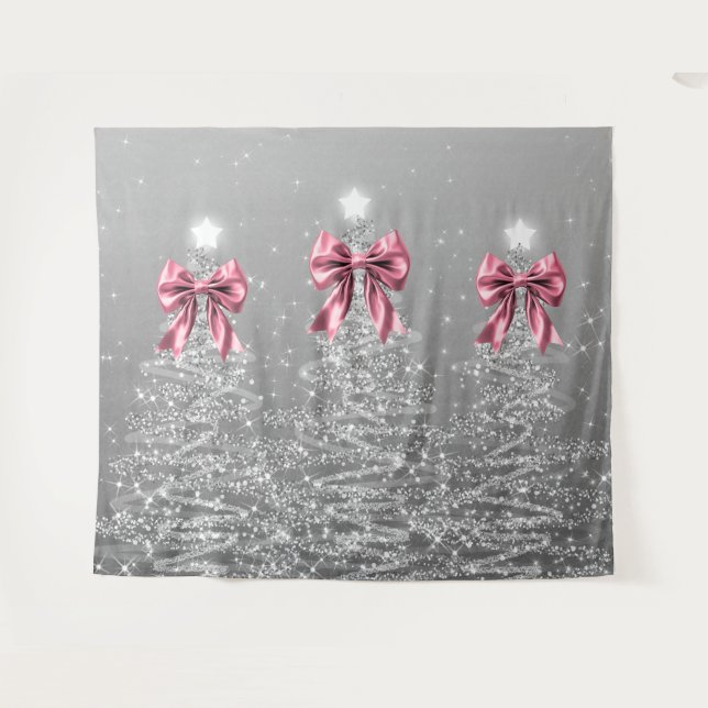 Tenture Christmas Sparkling Trees Silver Faux Pink Bow  (Devant (Horizontal))