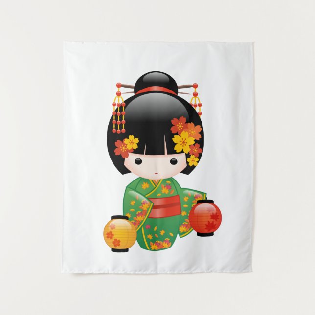 Tenture Chute Poupée Kokeshi - Green Kimono Geisha Girl (Devant)
