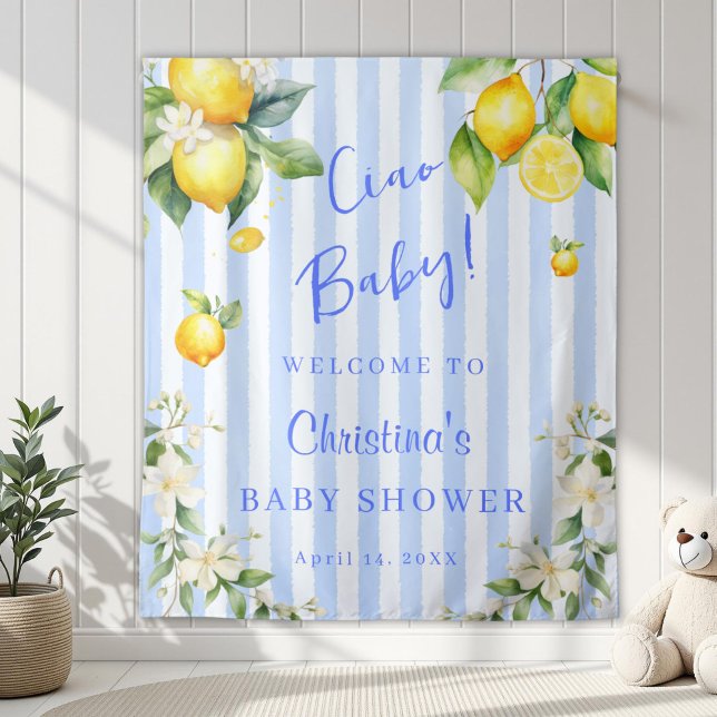 Tenture Ciao Baby Blue Citrus Lemons Baby Shower Backdrop (Ciao Baby Blue Stripe Lemons Baby Shower Backdrop)