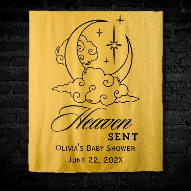 Tenture Ciel Envoyé Lune Étoiles Or Shower Bébé  (Heaven Sent Gold Moon Stars Baby Shower Photo Backdrop)