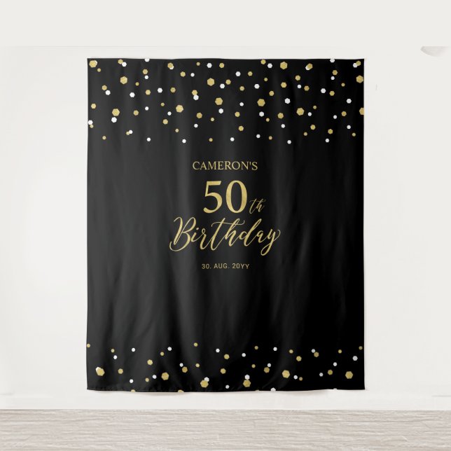 Tenture Cinquante | Gold & Black 50th Birthday Party Backd (Devant)