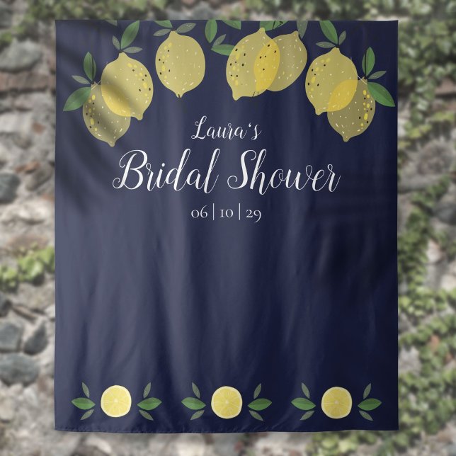 Tenture Citrons Fête des mariées bleu marine (Lemons Navy Blue Bridal Shower Photo Backdrop)