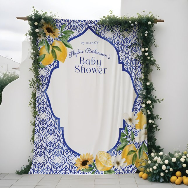 Tenture Citrons & Poterie Bleue Antique Baby shower Motif (Lemons & Antique Blue Pottery Pattern Baby Shower Tapestry)