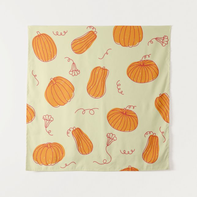 Tenture Citrouilles d'automne : Doodle Orange Motif. (Devant)