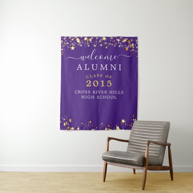 Tenture Classe Réunion Bienvenue Alumni Purple Gold Stars (En situation)
