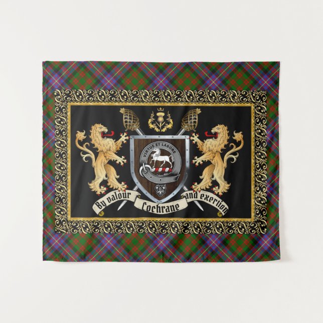 Tenture Cochrane Clan Badge & Motto avec Lions (Devant (Horizontal))
