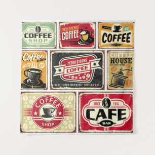 Tenture Coffee signes et collection étiquette. Retro et vi