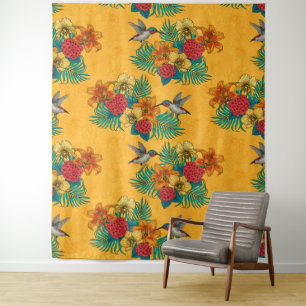 Tenture Colibris et bouquet tropical en jaune
