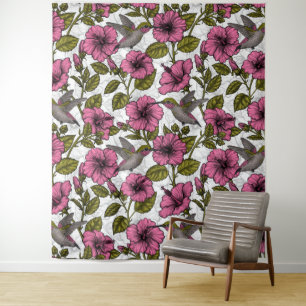 Tenture Colibris et fleurs d'hibiscus roses