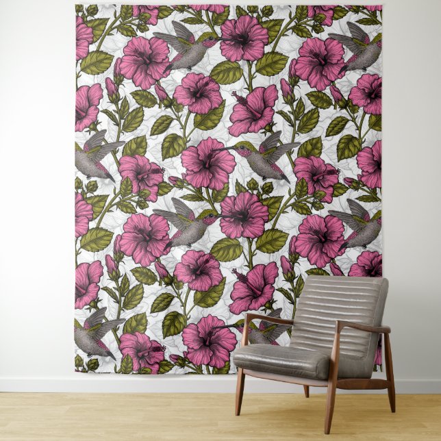 Tenture Colibris et fleurs d'hibiscus roses (En situation)