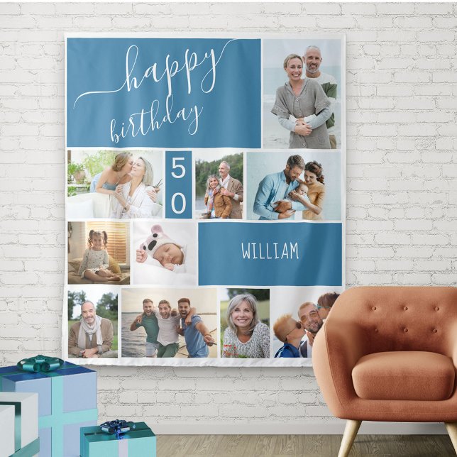 Tenture Collage de photos personnalisé bleu pour tout âge (Créateur téléchargé)