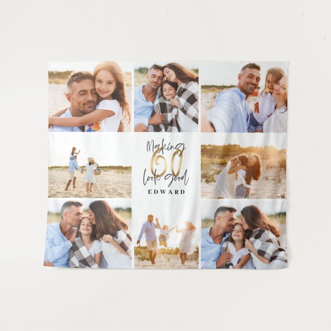 Tenture Collage photo 60e anniversaire moderne noir et or (Devant (Horizontal))