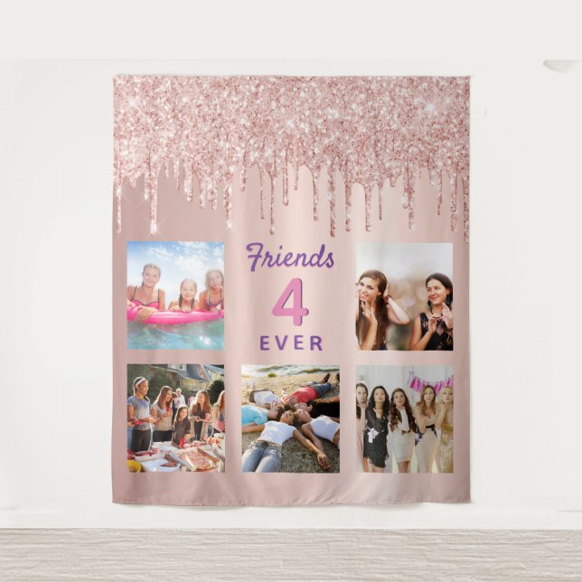 Tenture Collage photo amis rose gold pailleté (Devant)