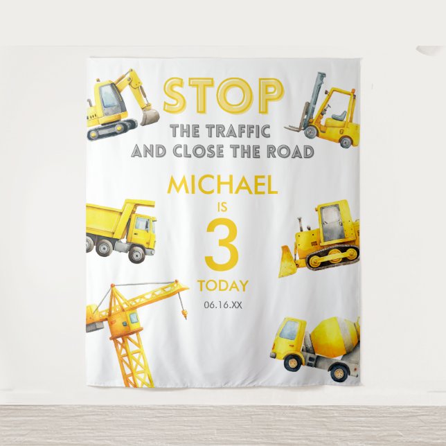 Tenture Construction Trucks Birthday Photo backdrop (Devant)
