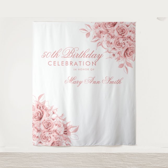 Tenture Contexte 50e fête d'anniversaire Floral Rose Gold (Devant)