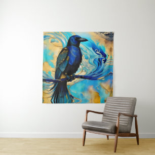 Tenture Corbeau bleu noir sur bleu et or abstrait