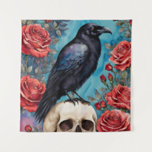 Tenture Corbeau sur le crâne Roses rouges Arrière - plan T