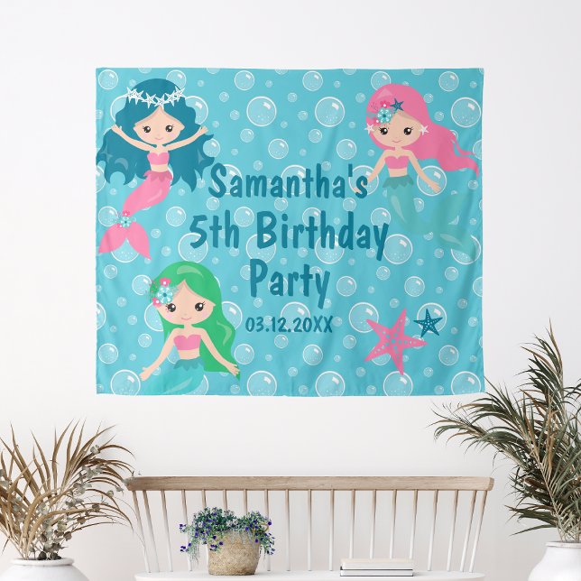 Tenture Corte Sirène Anniversaire de fête (Cute Mermaid Birthday Party Backdrop
)