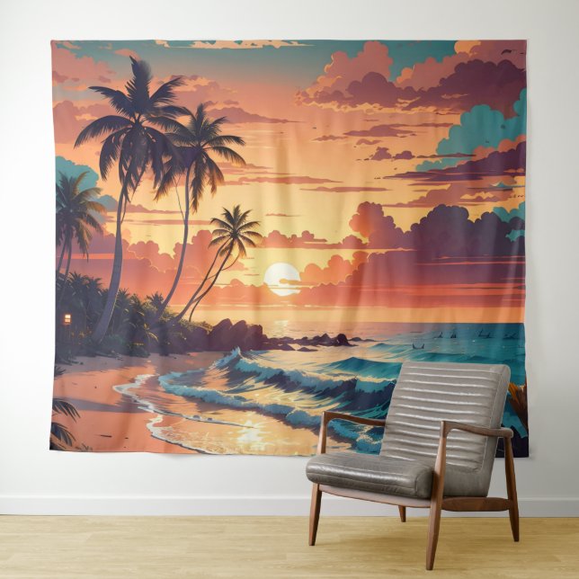 Tenture Coucher de soleil de plage tropicale large (En situation (horizontale))