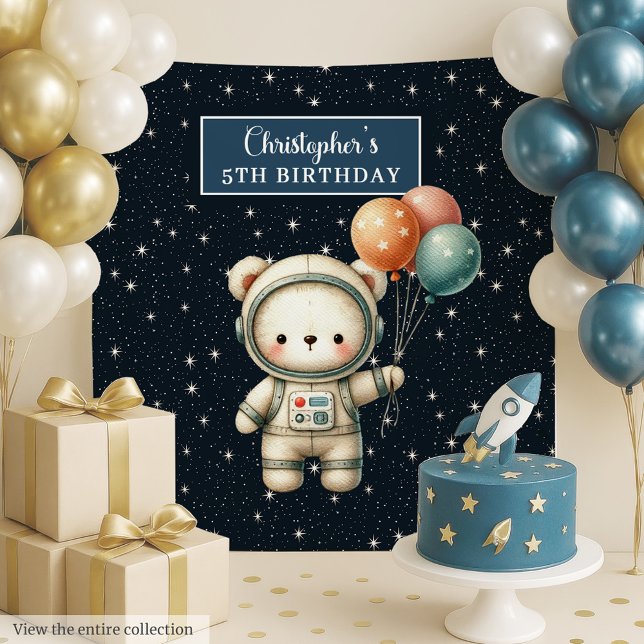 Tenture Coup d'oeil à l'ours de l'espace pour la fête d'an (Cute Space Bear Backdrop for Boy Birthday Party)